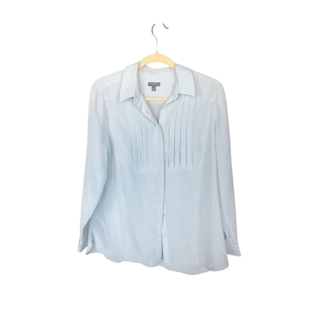 Talbots Petites Women's Blouse L Ice Blue Pintuck Iridescent Buttons